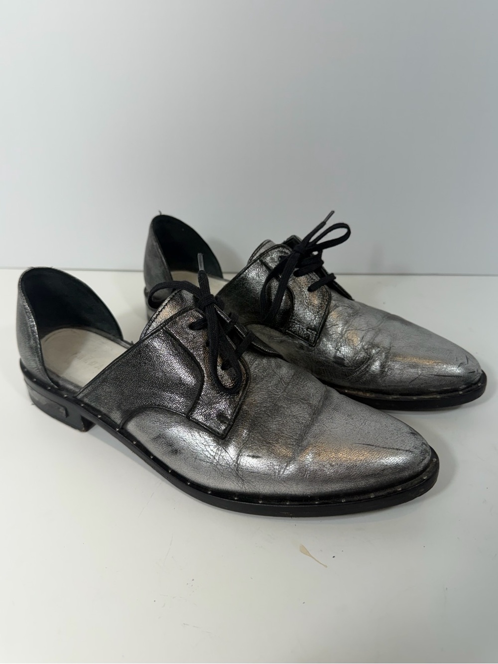 Freda Salvador Metallic Silver Distressed Leather D'Orsay Oxford Flats 7.5
